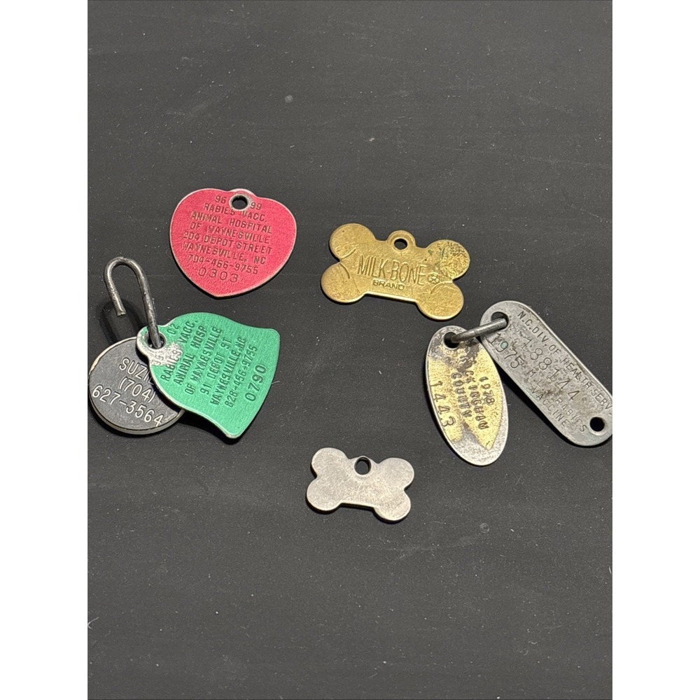 Lot Of 5 Vintage Metal Dog ID Tags Milk-Bone Rabies Vet License Personalized